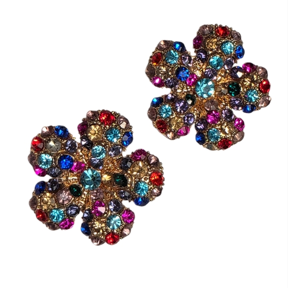 Multicolor Crystal Embellished Oversized Statement Floral Gold Stud Earrings - Picture 1 of 4